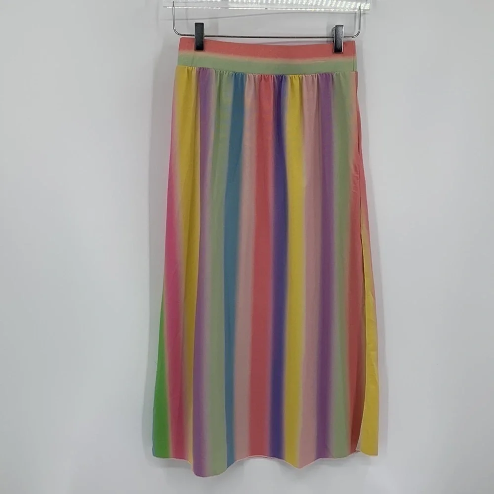 Onia Leah shimmer rainbow midi skirt jersey stretch front slit gold sparkle S